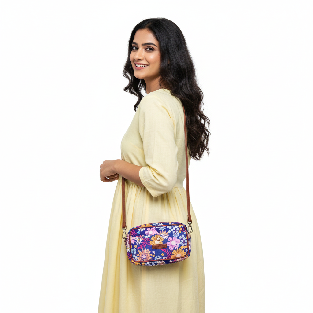 Flora Charm printed sling bag worn crossbody style by model on a clean white background.