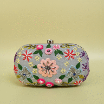 arden Mist Clutch - Elegant grey floral embroidered handbag with colorful beadwork