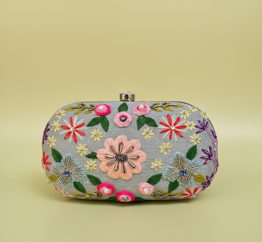 arden Mist Clutch - Elegant grey floral embroidered handbag with colorful beadwork