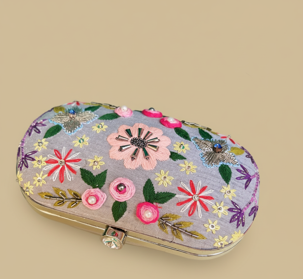 Garden Mist Clutch - Top view of grey floral embroidered clutch with ornate clasp
