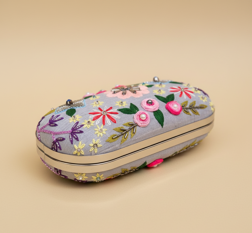 Garden Mist Clutch top-down angled view on beige background - floral and beadwork detail