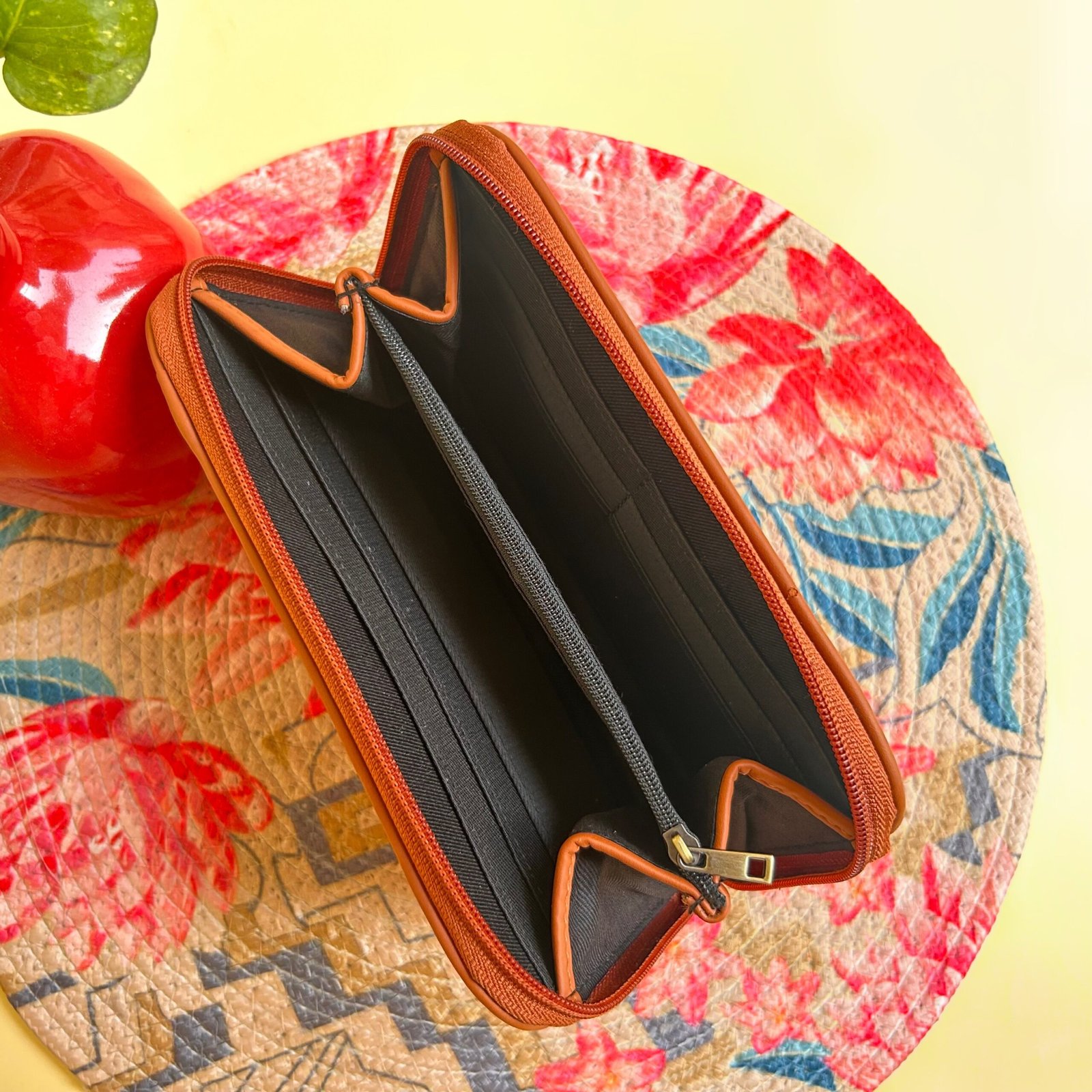 Starlit Night black leather floral embroidered wallet for women