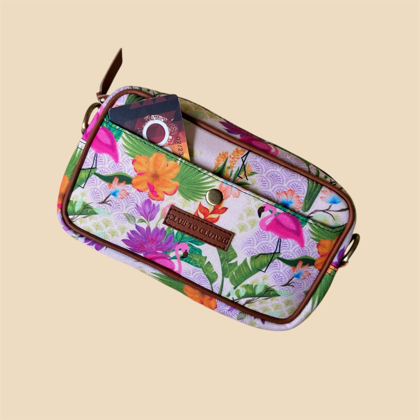 Top Angle View of Floral Whisper Sling Bag - Showing opening and card pocket detail