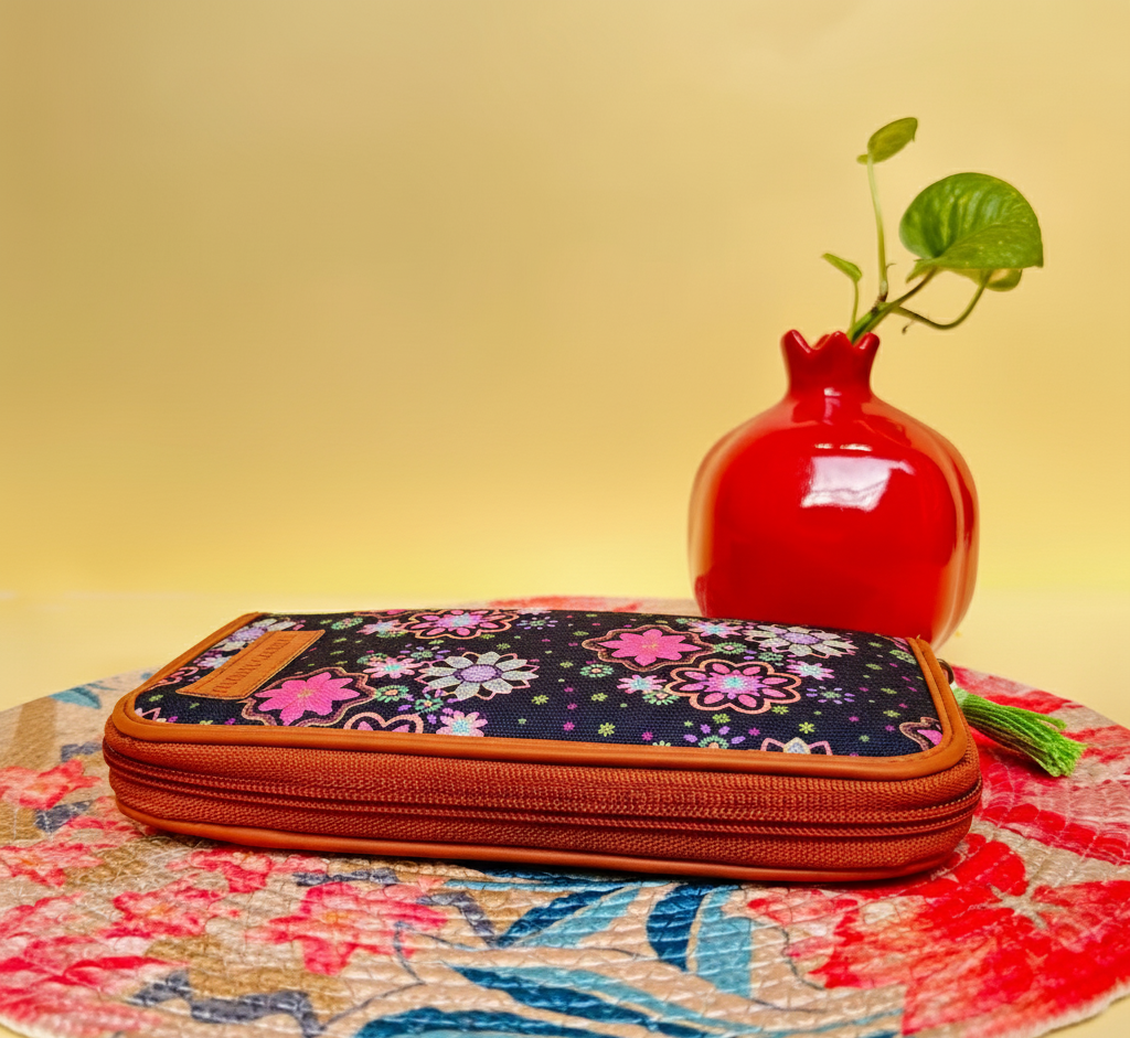 Starlit Night black leather floral wallet for women