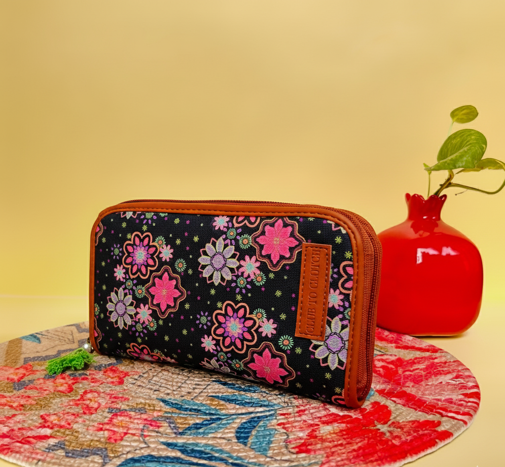 Starlit Night black leather floral wallet for women
