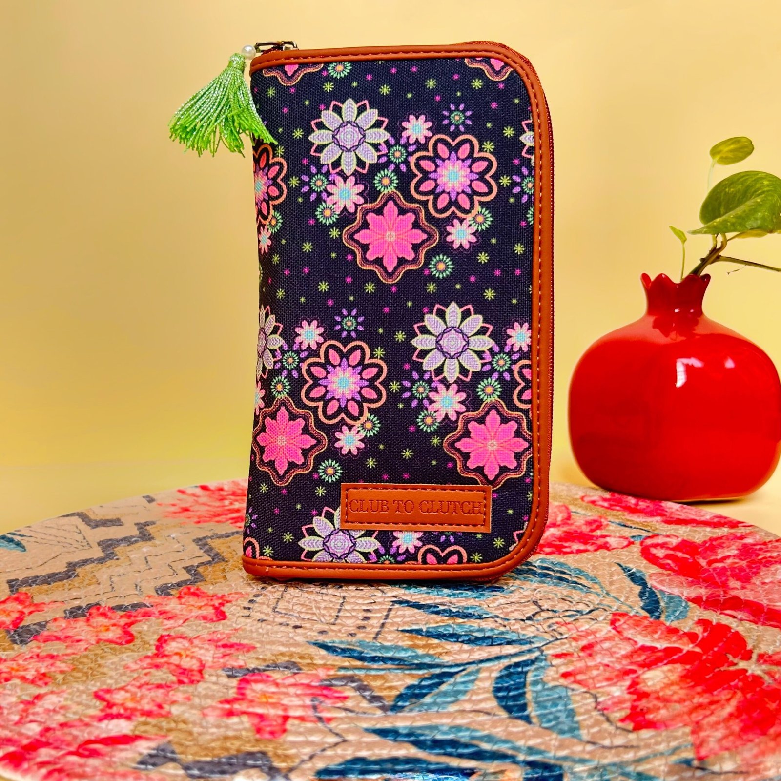 Starlit Night black leather floral wallet for women