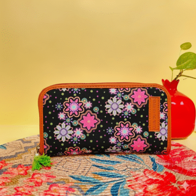 Starlit Night black leather floral embroidered wallet for women